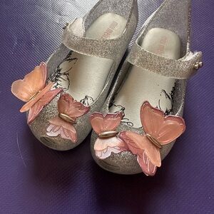 Mini Melissa Glittery Silver Shoes with Pink Butterflies
